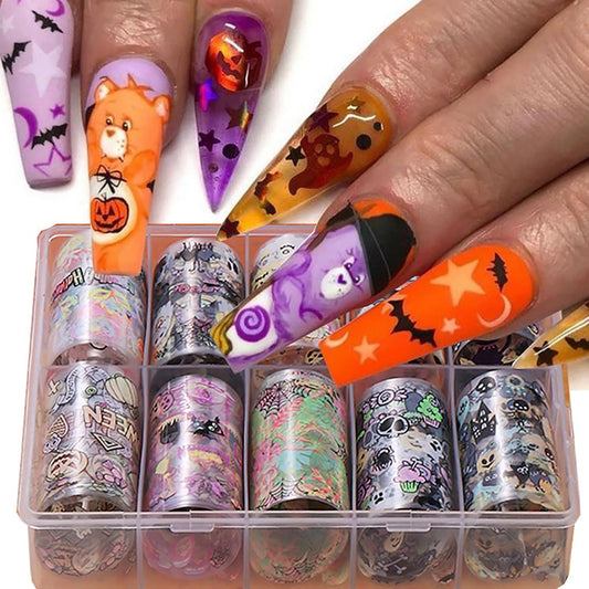 Halloween Nail Foil Transfers Stickers 10 Rolls Cartoon Design Halloween Nail Art Foils Decals Ghost Pumpkin Spider Bat Nail Transfer Foil Cute Nails Supplies Set for Women DIY Manicure Decorations-BrightBean Baby