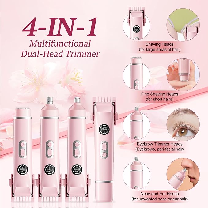 Bikini Trimmer for Women, 4 in 1 Wet/Dry Electric Razors for Women - Dual Head, Painless Rechargeable Portable Womens Razors for Shaving Set for Face, Nose, Eyebrows, Armpits, Bikini Area (Pink)-BrightBean Baby