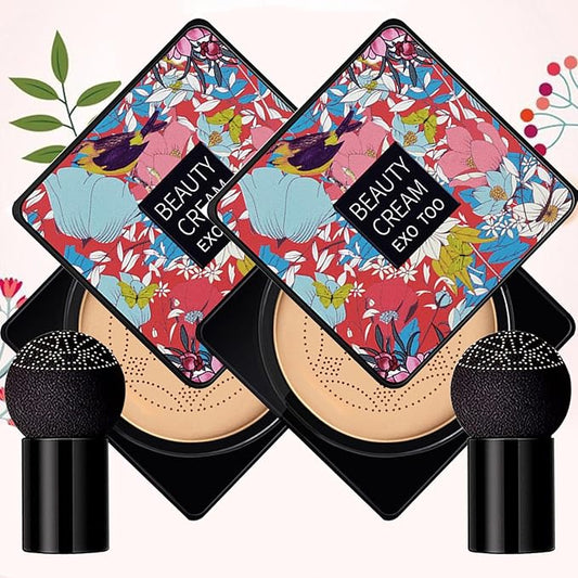 2 Pack Beauty Cream EXO TOO Foundation, Beauty Cream Makeup Base, Moisturizing, Long Lasting Matte Air Cushion CC Cream Concealer with Two Mushroom Head Sponges-BrightBean Baby