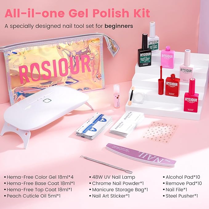Gel Nail Polish Kit with U V Light, Hema-Free Bright Red Light Baby Pink Violet Pink Summer Gel Polish Set with Base & Top Coat Chrome Nail Powder, 4 Colors Mini Salon Nail Art Starter Gift for Women-BrightBean Baby