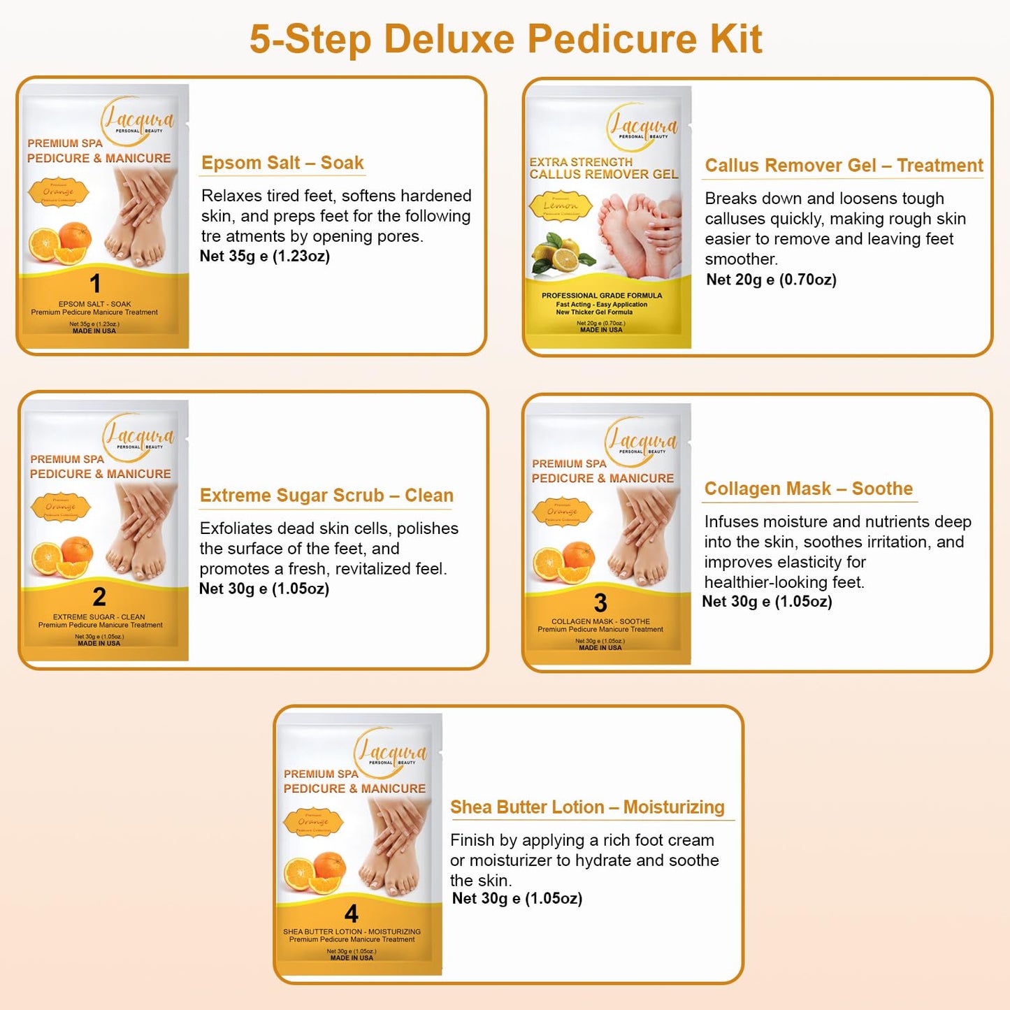 Epsom Salt Soak, Callus Remover Gel, Extreme Sugar Scrub, Collagen Mask & Shea Butter Lotion – Professional Spa Foot Care System 5 Step Luxury Pedicure Kit. Orange 03 Set-BrightBean Baby