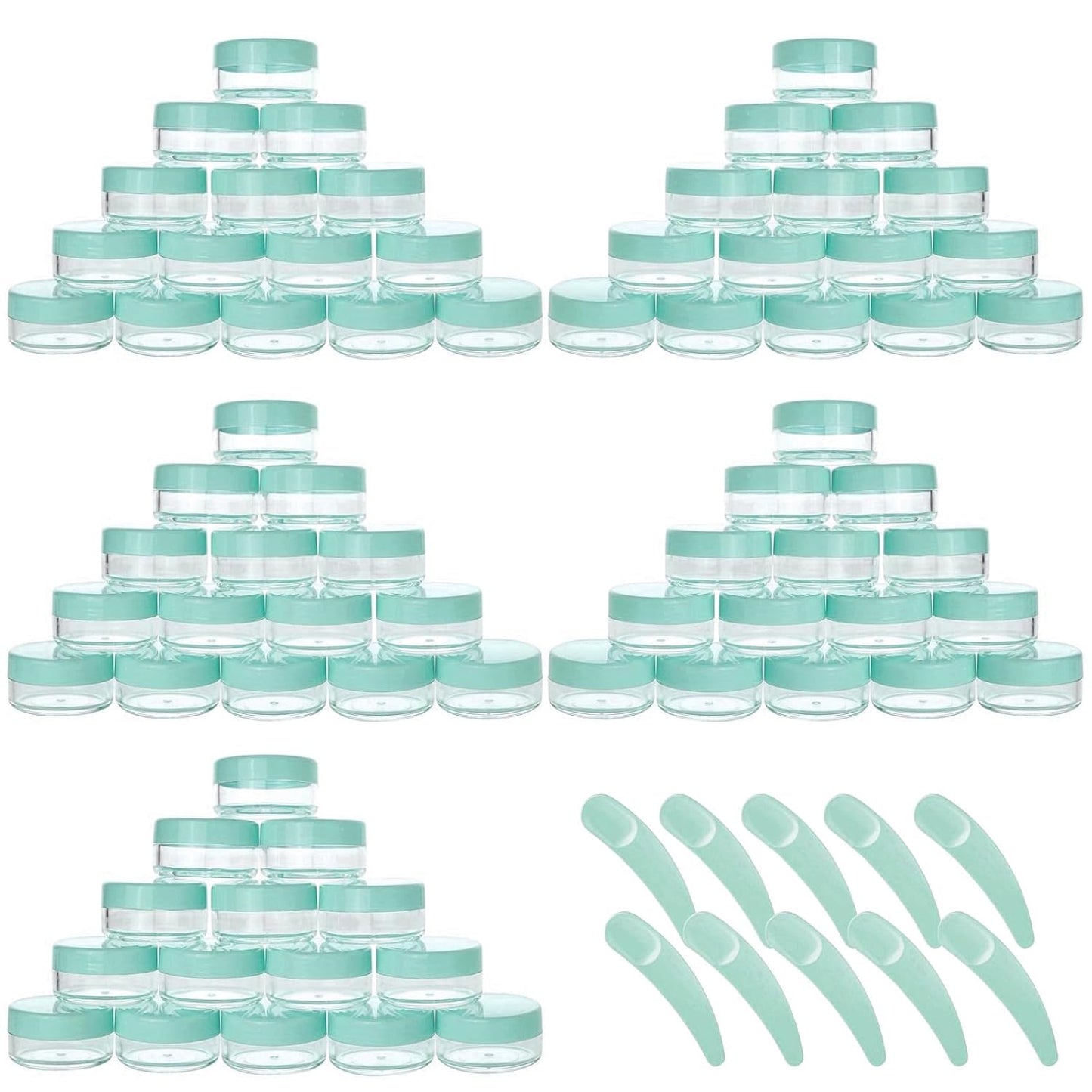Refillable Cosmetic Sample Jars - 100 Pack 10g (0.35oz) Green Small Travel Containers with Lids + 10 Mini Makeup Spatulas - BPA Free-BrightBean Baby