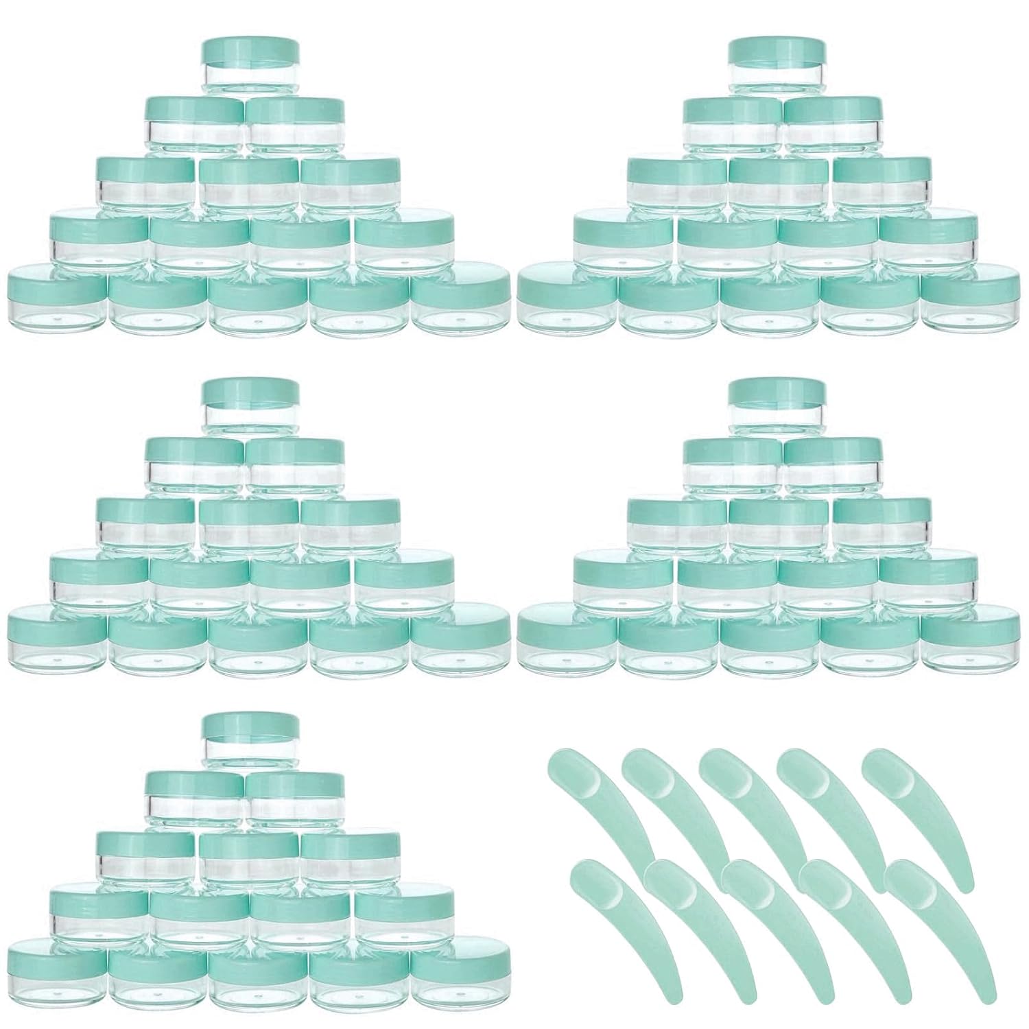 Refillable Cosmetic Sample Jars - 100 Pack 10g (0.35oz) Green Small Travel Containers with Lids + 10 Mini Makeup Spatulas - BPA Free-BrightBean Baby