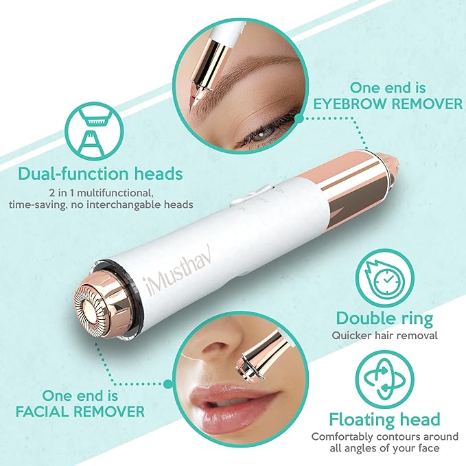 2-in-1 Portable Rechargeable Painless Eyebrow Trimmer & Facial Hair Remover, removes Eyebrow, face, Lips and Body Hair for Women. 18K Gold Plated Hypoallergenic Heads, 360° LED Light for Hair Remover-BrightBean Baby