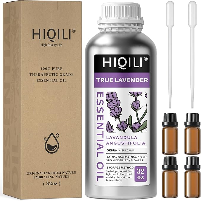 HIQILI 32 Fl Oz Lavender Essential Oil Pure, for Aromatherapy Diffuser, Hair, Includes Premium Quality Glass Dropper-32 Ounces-BrightBean Baby