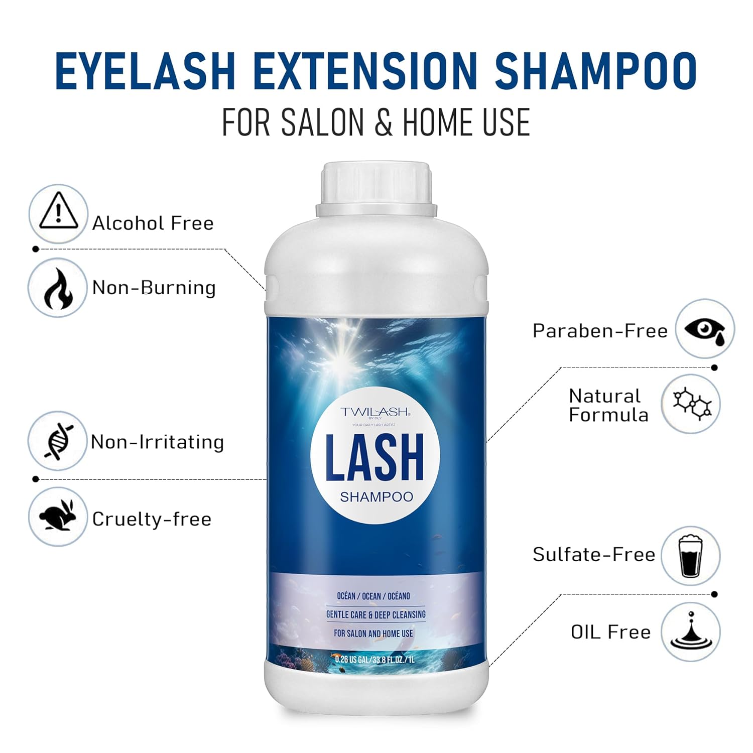 Lash Shampoo Bulk, Eyelash Cleanser for Extensions 1 Liters, Safe Makeup Remover, Non-irritating or Burning Formula Eyelid Foaming Cleanser for Professional Salon and Home Use (Ocean-1L)-BrightBean Baby