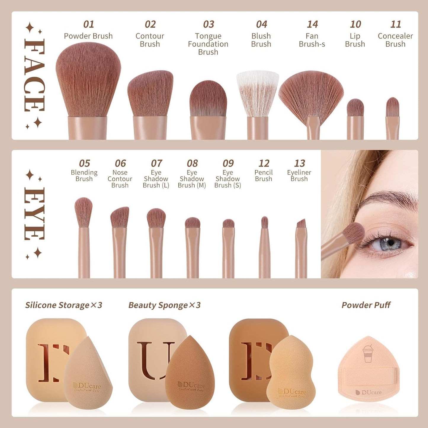 DUcare Makeup Brushes Set 14Pcs Coffee Series Makeup Brush set with Makeup Sponges Gifts Foundation Blending Face Powder Blush Eye Shadows Brushes-BrightBean Baby