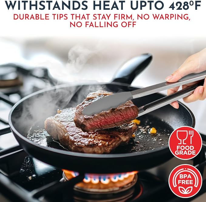 Kitchen Tongs for Cooking with Silicone Tips, Heat Resistant Tongs for Serving Food, 7-Inch, 9-Inch, 12-Inch Locking Silicone Tong, Set of 3 Salad Tong, Grey Kitchen Utensils