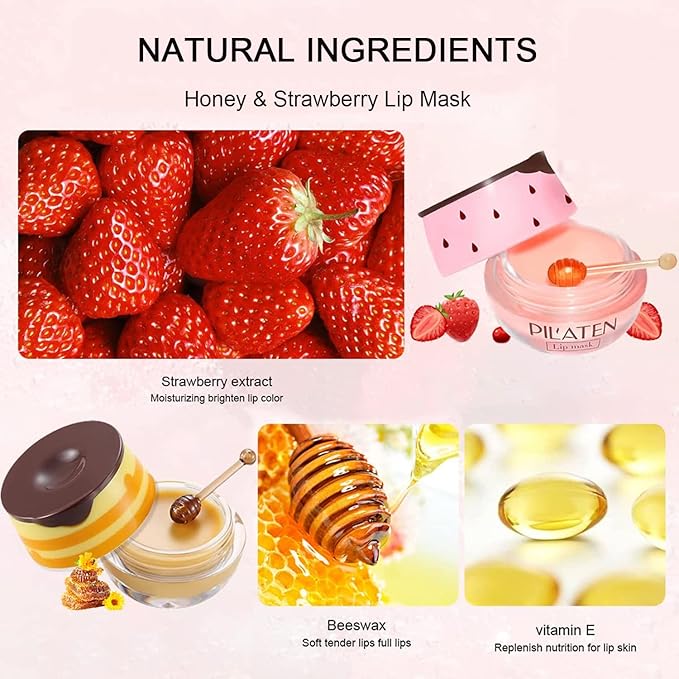 2Pcs Bee Lip Balm Honey Pot, Honey & Strawberry Lip Balm Moisturizing Lip Sleep Mask with Stick Hydrating & Prevention Dry and Cracked Lip Scrubs Exfoliator, Reduces Lip Lines-BrightBean Baby