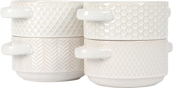 Gibson Elite Oyster Tide Embossed 6 Inch Soup Bowls with Handles. French Onion Soup Crocks, Stackable Soup Bowl, Chili, Beef Stew Reactive Glaze Stackable Ceramic Bowl, Set of 4, White