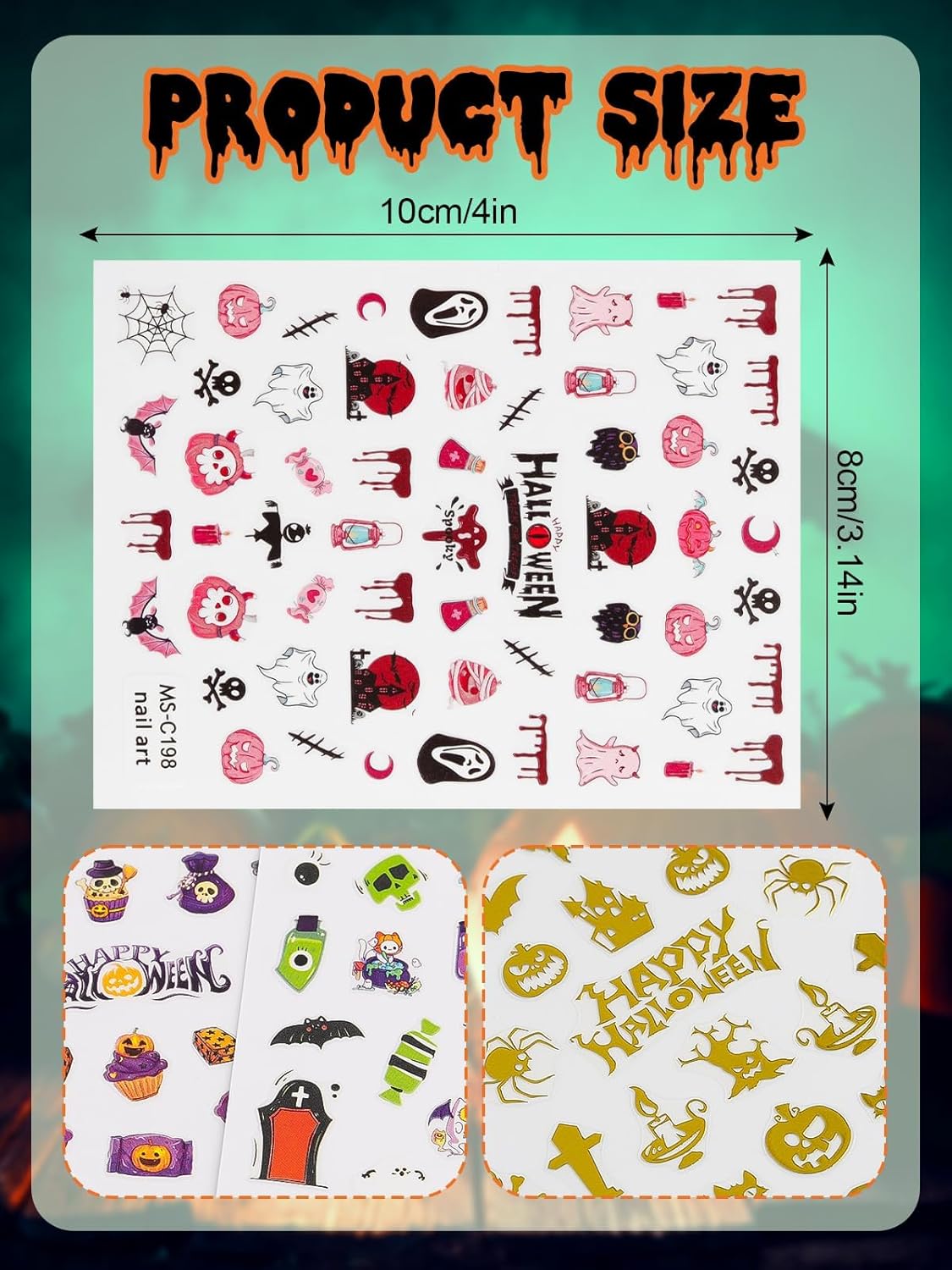 Halloween Nail Art Stickers Decals, Kalolary Self-Adhesive DIY Nail Sticker Decals 3D Design Nail Decorations for Halloween Party Include Pumpkin/Bat/Ghost/Witch(12 Sheets)-BrightBean Baby