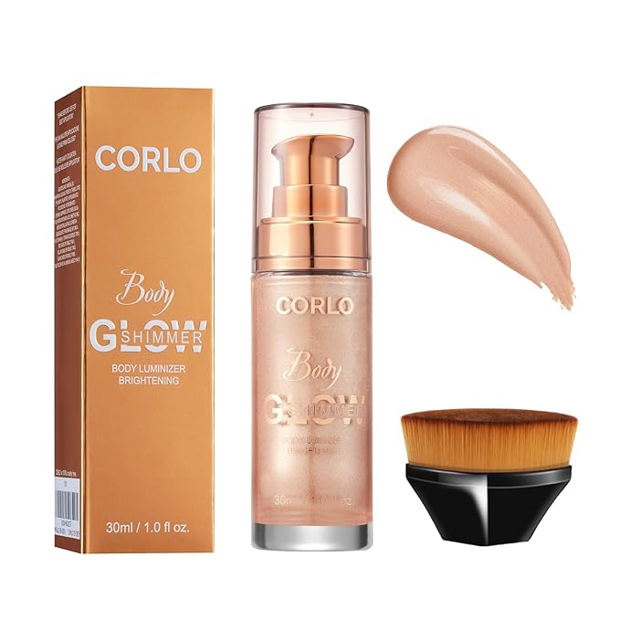 Corlo Body Shimmer Oil Liquid Glitter Face Luminizer Glow Highlighter Waterproof Long Lasting Moisturizing Luminizer FaceProm Party Makeup Brush Include(Rose Gold, Body Oil)-BrightBean Baby
