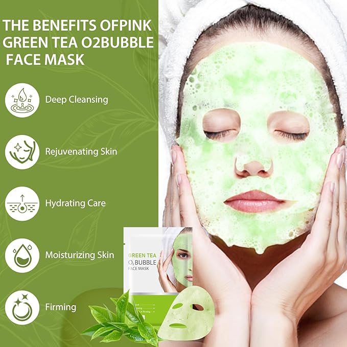 10 Sheets Face Masks Skincare O2 Bubble Green Tea Face Mask, Cleaner Bubble Sheet Masks Foaming Purifying Facial Mask for Pores, Moisturizing Spa Face Masks Skin Care For All Skin Type-BrightBean Baby