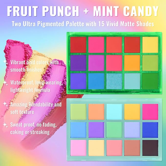 UCANBE Colorful Eyeshadow Palette Makeup Set, 2pcs 15 Shades Matte Shimmer Vibrant Neon Rainbow Pastel Eye Shadow Pallet with Soft Double Ended Brush, Summer Vibe Pigmented Blendable Eye Make Up Kit-BrightBean Baby