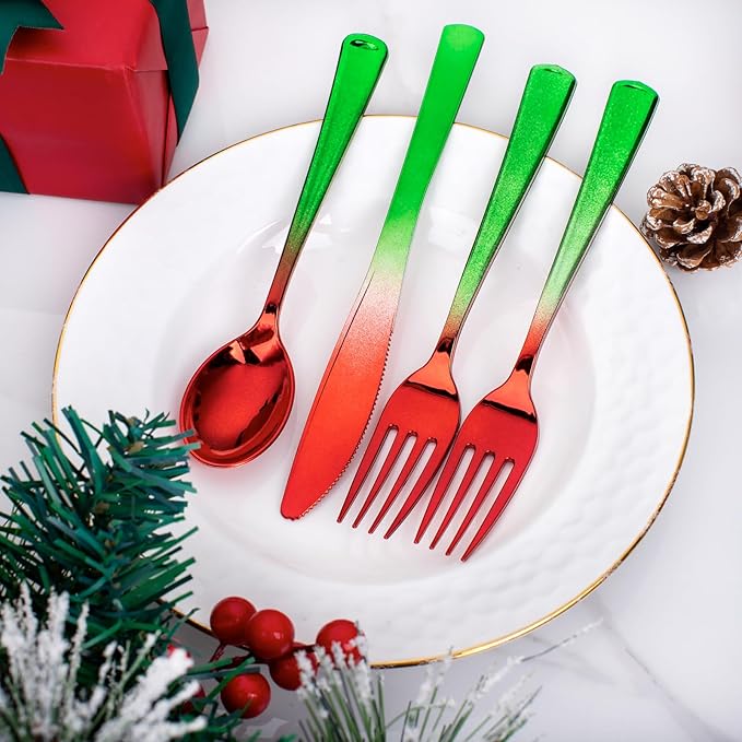 Liacere 200PCS Christmas Plastic Silverware - Red and Green Plastic Silverware include 100PCS Red and Green Forks, 50PCS Red and Green Knives, 50PCS Red and Green Spoons for Christmas