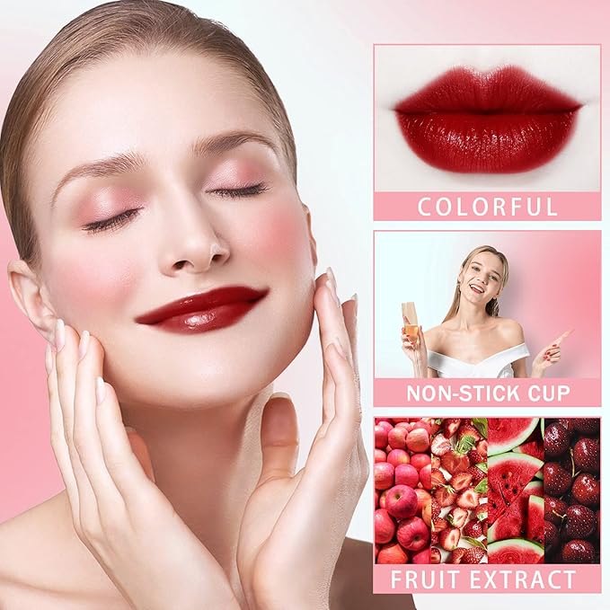 4 Pcs Fruit Lip Stain Set, Vivid Watery Lip Tint Lip Gloss, Plump Velvet Lip Tint Stain, Natural Matte Liquid Lipstick for Lips Cheek Eye, Non-Stick Cup Mini Tinted Lip Long lasting Waterproof-BrightBean Baby