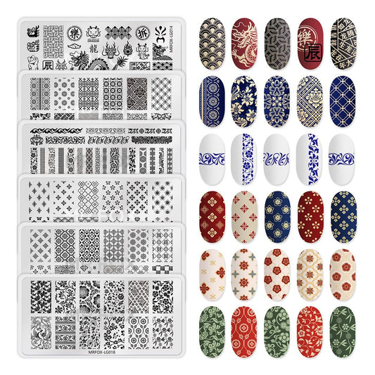 6 Pcs Nail Plates Stamping Set Dragon Patterned Chinese Traditional Decoration Style Nail Art DIY Stamping Template-BrightBean Baby