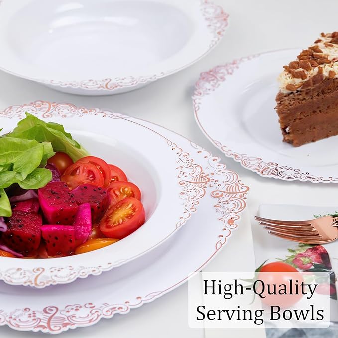 Nervure 50PCS White Plastic Bowls with Rose Gold Rim - 12oz White Disposable Soup Bowls, Heavy Duty Salad Ice Cream Bowl Perfect For Weddings, Parties and Everyday Use