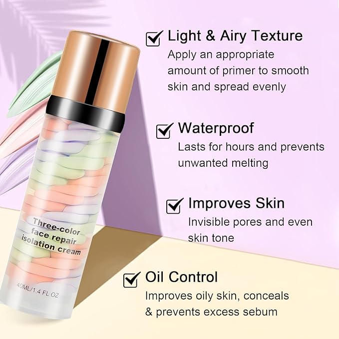 3 In 1 Color Corrector Makeup Primer Color Correcting Primer Cream Tinted Moisturizer Brightening Primer Facial Serum Isolation Cream Neutralizes Skin Tone for Face Before Makeup Base Cream-BrightBean Baby