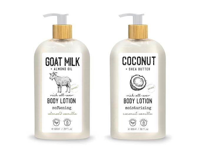 Skin Verse Body Lotion, Goat Milk, Almond Oil Body Lotion, Softening, Almond Vanilla, Coconut, Shea Butter Body Lotion, Moisturizing, Coconut Vanilla, 28 fl. oz. | Home and Body Co-BrightBean Baby