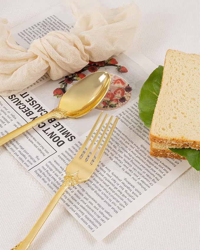 bUCLA 150PCS Gold Plastic Silverware Disposable - Heavy Duty Plastic Cutlery - Gold Disposable Utensils Set - Include 50 Knives, 50 Forks, 50 Spoons for Party & Thanksgiving