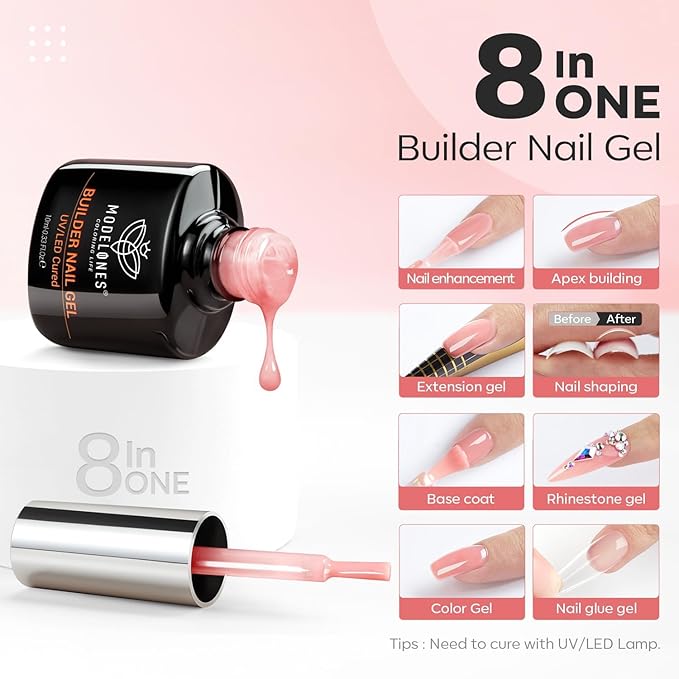 modelones Builder Nail Gel with Nail Dehydrator and Primer, 3Pcs Rose Nude Pink LED Gel Builder Polish Base Coat Acid Free Prep Dehydrate & Bond Primer for Thickening Apex Building 10ml Home DIY Salon-BrightBean Baby