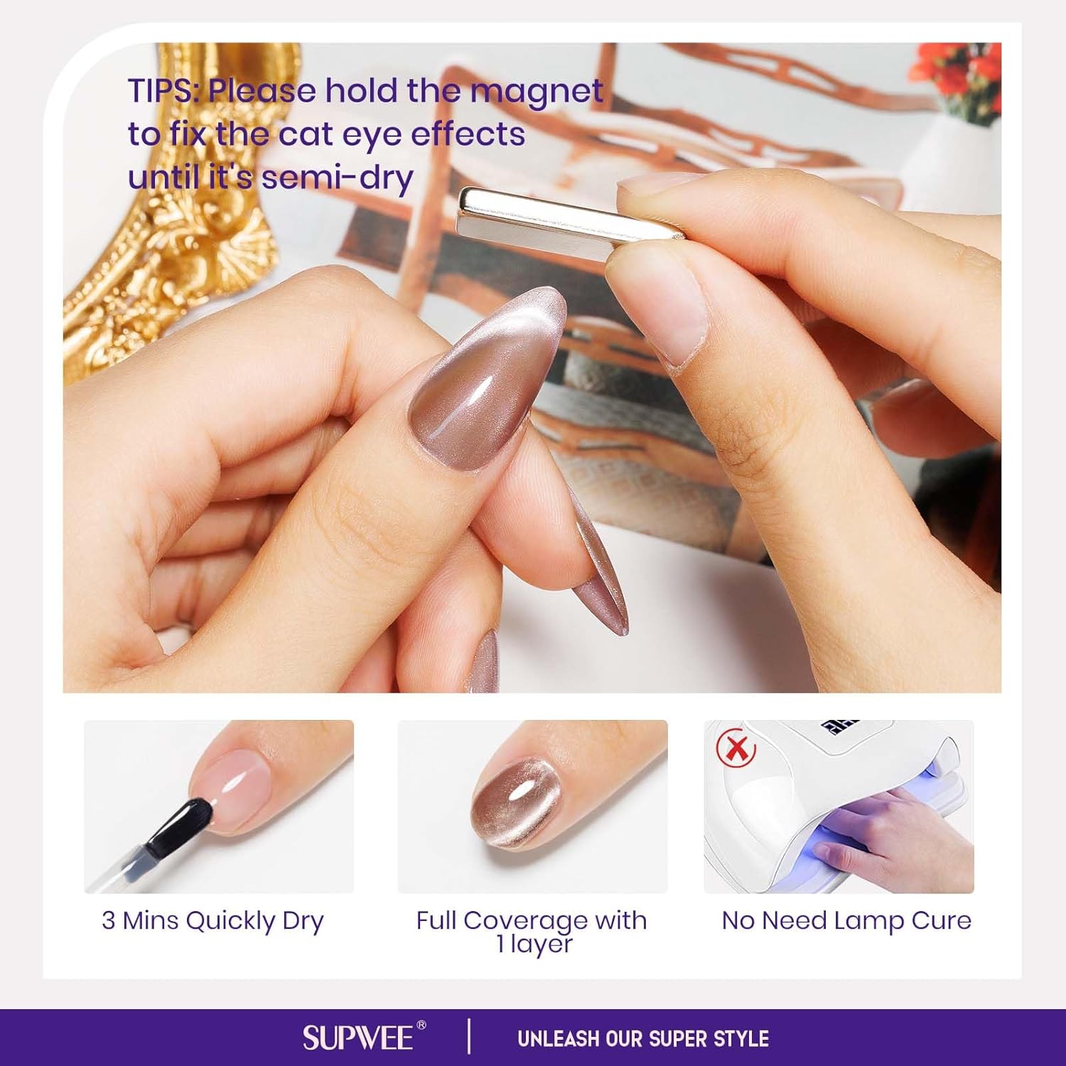 magnetic nail polish non gel, Nude Cat Eye Nail Polish Non Gel, Shimmer Glitter with Magnet, High Glossy, Fingernail Air Dry Fast, Manicure DIY, Salon Fall Colors-BrightBean Baby