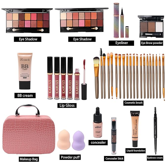 All in One Makeup Kit for Makeup storage bag 2X14 Colors Eyeshadow Palette Liquid Foundation Eyeliner Pencils Contouring Stick Lip Gloss Eyebrow Pencils 20Pcs Makeup Brushes etc For Women Girls Teens (Pink)-BrightBean Baby