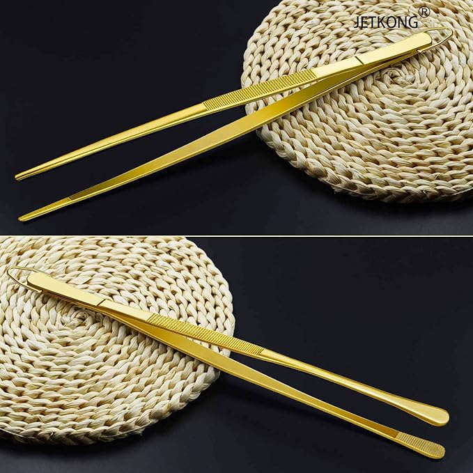 JETKONG 2 Pcs 12-Inch Cooking Tweezers Stainless Steel Food Tweezers Kitchen Tweezer Tongs (Gold)