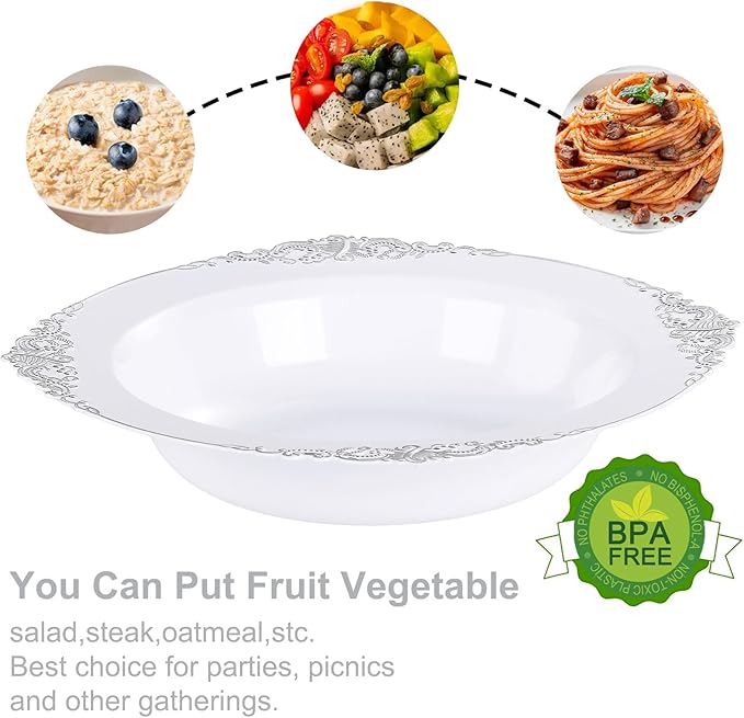 Nervure 50PCS White Plastic Bowls with Silver Rim - 12oz Disposable Soup Bowls, Heavy Duty Salad Ice Cream Bowl Perfect for Weddings, Parties and Everyday Use