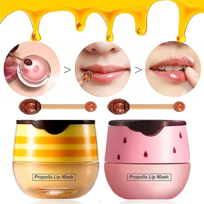2 Pack Nourishing Lip Balm Honey Pot, Moisturizing Honey & Strawberry Propolis Lip Mask, Hydrating & Prevention Dry and Cracked Lip Scrubs Exfoliator Lip Sleeping Mask Reduces Lip Lines-BrightBean Baby
