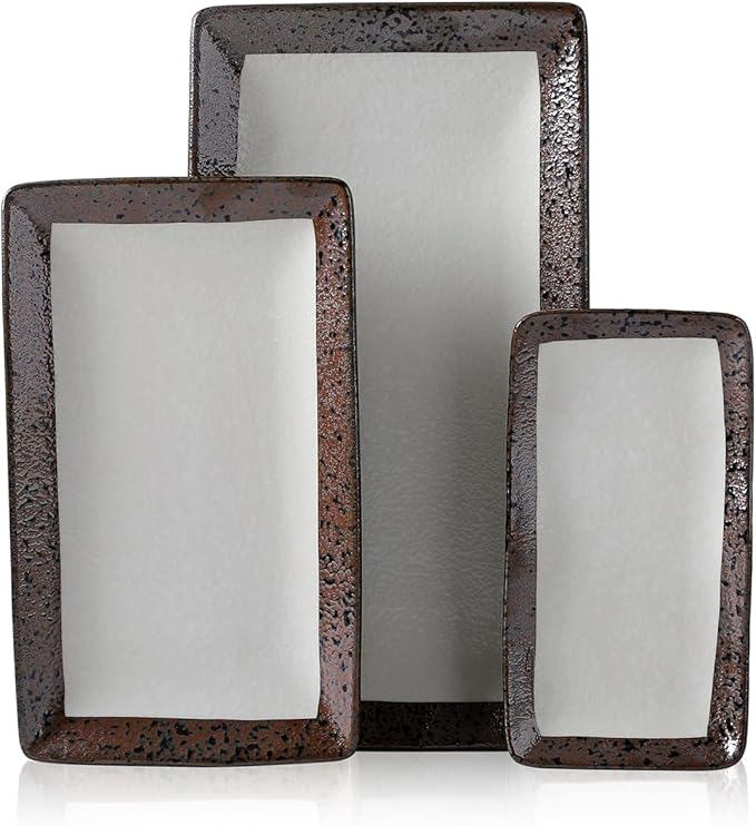 Stone Lain Lucy Porcelain 3-Piece Rectangle Serving Plate Set, Beige