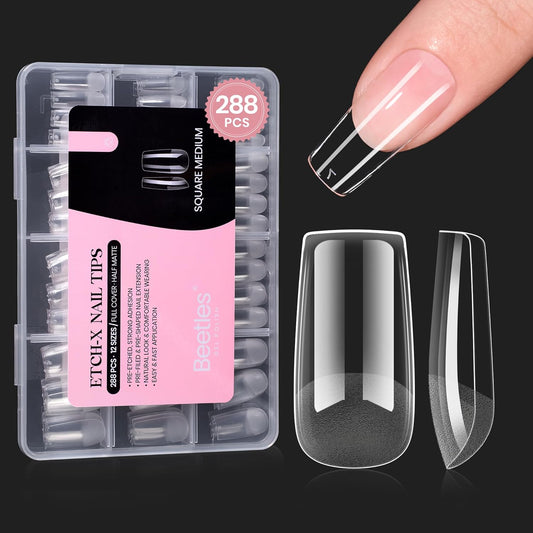 Beetles Gel Nail Tips Etch-X, Square Medium, 288Pcs 12 Sizes, Pre-Etched Half Matte Soft Acrylic False Nail Tips Full Cover Easy DIY Fake Press On Fall Nail Extension Salon Gift for Women-BrightBean Baby