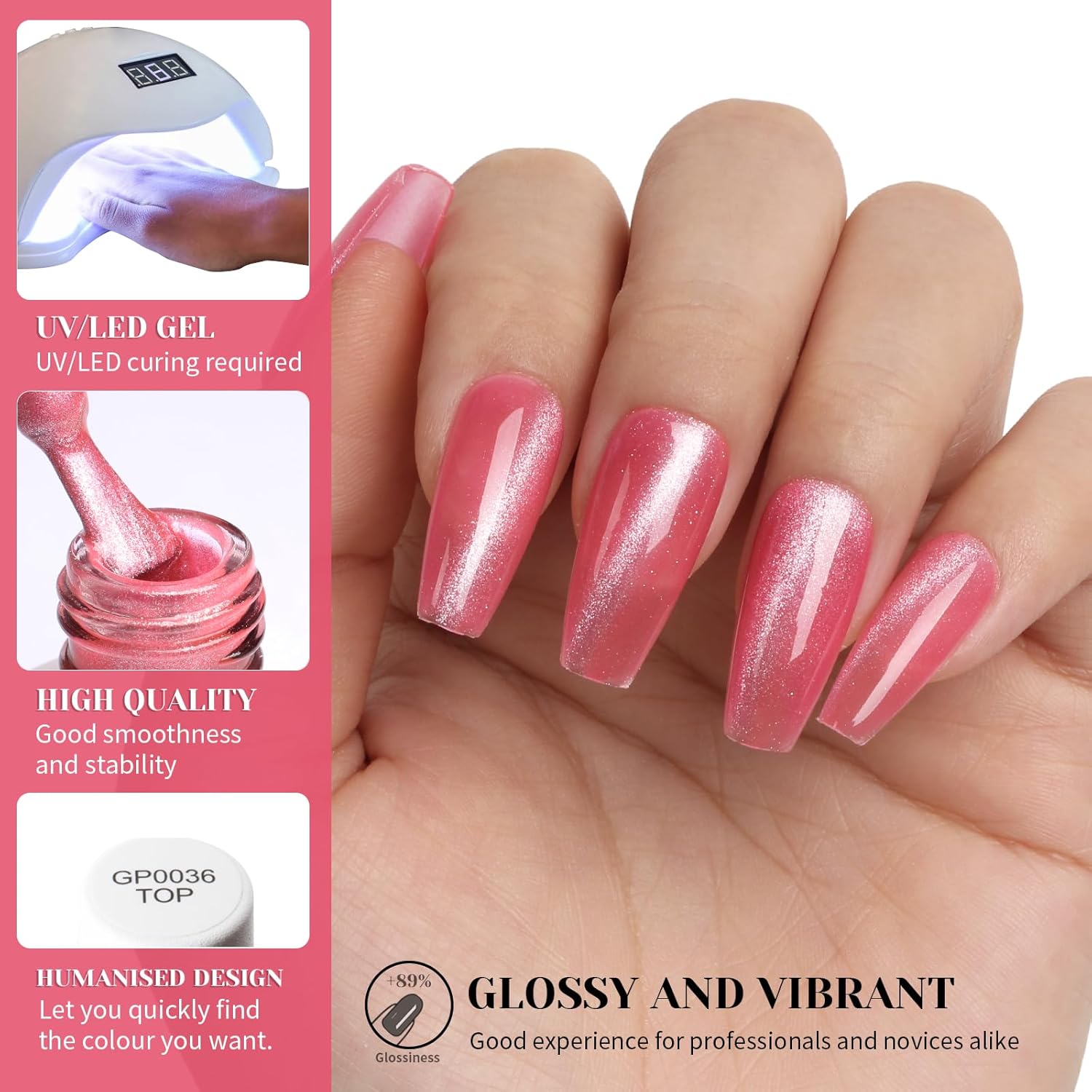 Coral Pink Cat Eye Gel Nail Polish,Crystal Holographic Magnetic Cateye Gel Polish, Pink Color Gel Silver Shimmer Velvet Soak Off Uv Led Home Diy Manicure- GP0083-BrightBean Baby