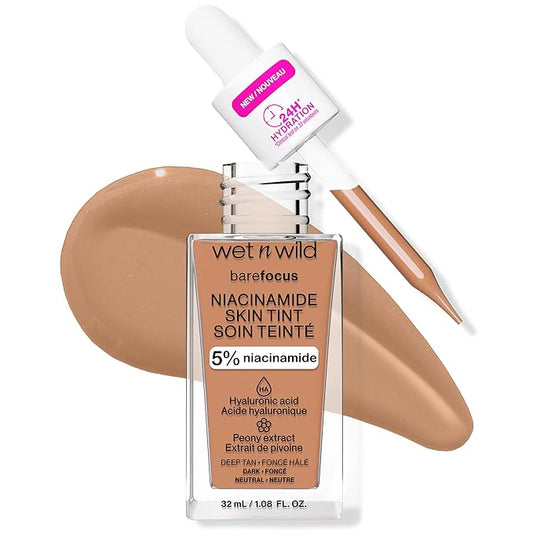 wet n wild Bare Focus Skin Tint, 5% Niacinamide Enriched, Buildable Sheer Lightweight Coverage, Natural Radiant Finish, Hyaluronic & Vitamin Hydration Boost, Cruelty-Free & Vegan - Deep Tan-BrightBean Baby