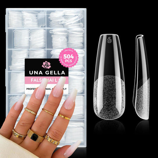 UNA GELLA Long Coffin Nail Tips, 504pcs Pre-Shape Fake Nails Half Matte Full Cover Acrylic Gel Nail Tips Clear Long Coffin Press On Nails Home DIY Extension 12 Sizes Gelly Tips-BrightBean Baby