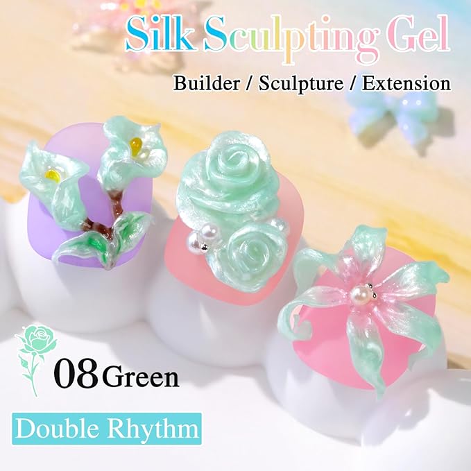 Double Rhythm 3D Nail Gel Pearl Solid Sculpting for Nail Art Non-Sticky Hard for Building Carving Molding Extension Soak Off UV/LED Nail Art Salon Home DIY 0.5 Oz (Green-Silk 08)-BrightBean Baby