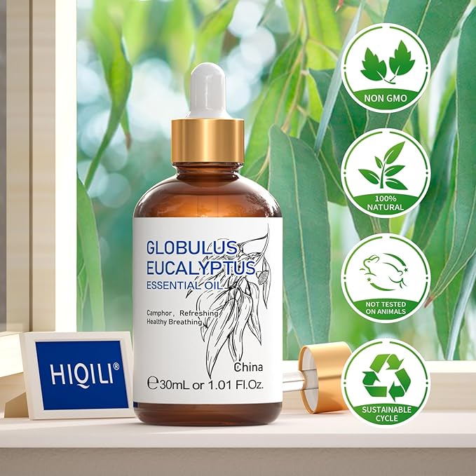 HIQILI Eucalyptus Essential Oil 1 Fl Oz, 100% Pure Natural Therapeutic Grade, Premium Grade Glass Dropper for Diffuser, Humidifier, Air Freshening, Cleaning, Home, Skin-BrightBean Baby
