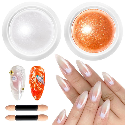 Pearl Chrome Nail Powder BISHENGYF -【Metallic Mirror Effect】 Orange Chrome Nail Powder White Clear Aurora Mermaid Iridescent Chrome Powder for Nails Pigment Glitter Dust for Manicure Decroation DIY-BrightBean Baby