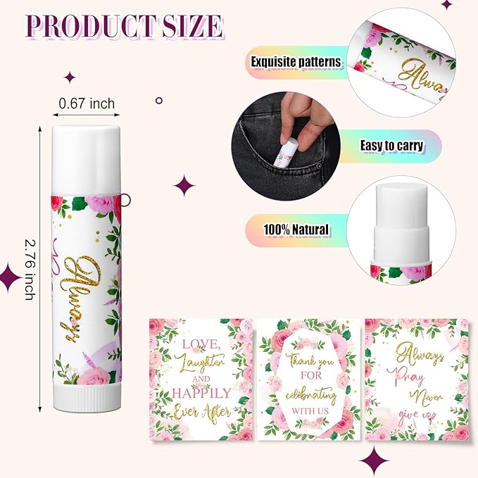 30 Pcs Wedding Lip Balms Bulk Wedding Bridal Shower Favors for Guests Wedding Souvenirs Moisturizing Floral Lip Balm Thank You Gifts for Bachelorette Party Bridesmaid Baby Shower, Pink Flower-BrightBean Baby