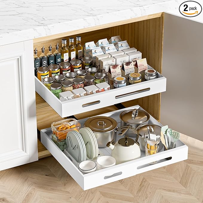 HBL' 2 Pack | 21" Deep Pull Out Cabinet Organizer Adhesive, (13.8" to 22.0") Width Expandable Sturdy Carbon Steel Roll-Out Drawers for Face Frame or Frameless Cabinets,Slide-Out Shelves for Pantry.
