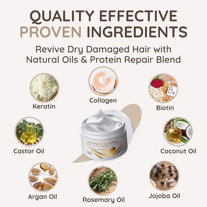 VITAMINS hair cosmetics Keratin Hair Mask - Deep Repair Conditioner with Biotin & Castor Oil - For Damaged, Dry, Curly, Straight, Thin & Fine Hair - Intense Collagen Protein Treatment-BrightBean Baby