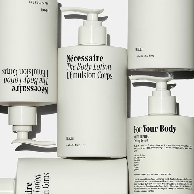 Nécessaire The Body Lotion with Pump. Hinoki. Multi-Peptide Firming Lotion to Moisturize, Firm, Strengthen. 2.5% Niacinamide, Vitamin C/E + Omega 6/9. 450ml / 15.2 fl oz-BrightBean Baby