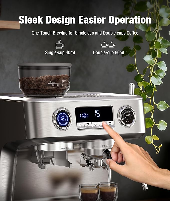 Kndko Double Boiler Espresso Machines with Built-in 30 Grind Settings, 20 Bar Stainless Steel Coffee Maker with Milk Frother Steam Wand, Barista Espresso Maker for Home Cappuccino Latte & Americano