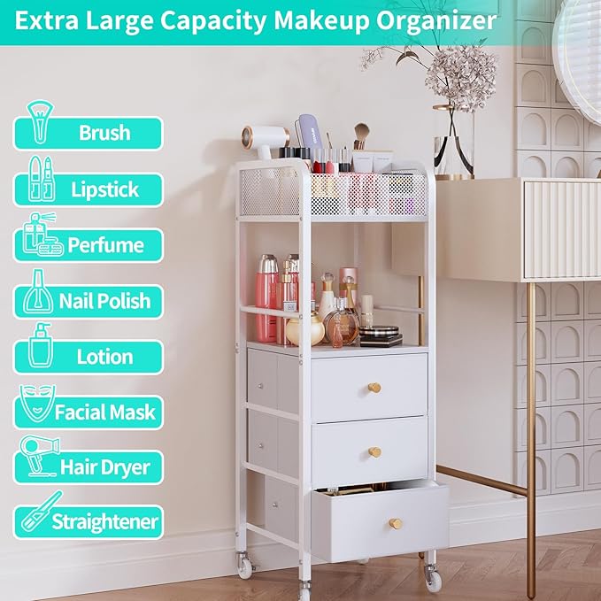 HapiRm Rolling Makeup Cart Organizer - Floor Skincare Make Up Storage with 3 Drawers, Vanity Organizer Cosmetic Display Cases Holder for Skin Care Perfume Nail Polish Brush Hair Tool, White-BrightBean Baby