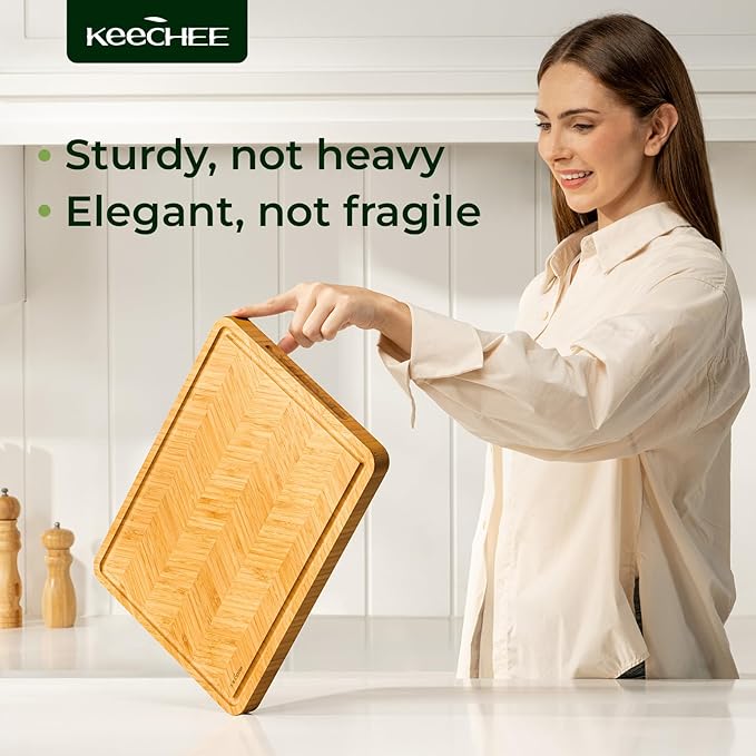 Atelier Collection Bamboo Cutting Board, Reversible Boards for Kitchen with Deep Juice Grooves and Handles, Large Wood Chopping Board for Cooking and Serving, Handcrafted Luxury Cutting Board