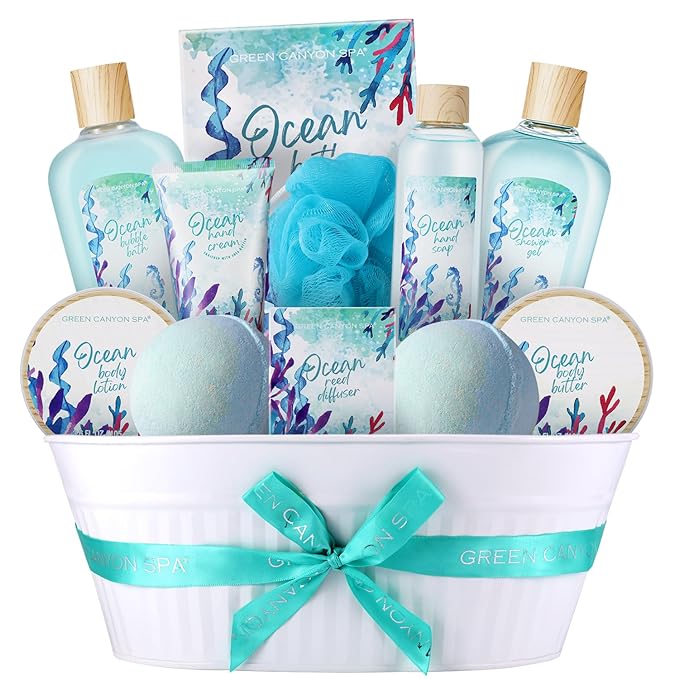 Green Canyon Spa Gift Baskets for Women, Bath and Body Gift Set for Women, 12Pcs Ocean Spa Sets Includes Bubble Bath, Body Lotion,Mothers Day Gifts for Her,Spa Baskets-BrightBean Baby