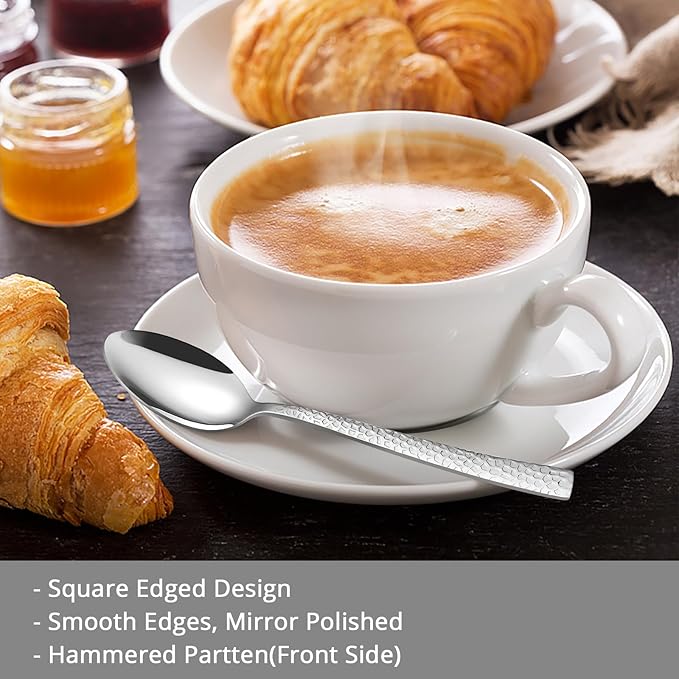 Teaspoon Set of 12, E-far 6.7 Inch Stainless Steel Hammered Spoons for Kitchen or Restaurant, Non-toxic & Mirror Polished, Squared Edge & Dishwasher Safe