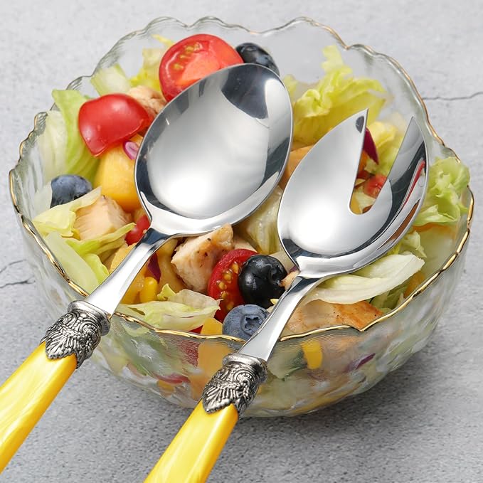 2-piece Salad Servers Stainless Steel Salad Serving Set Salad Fork and Spoon (Yellow)