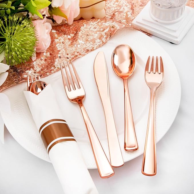 Liacere 100Pack Rose Gold Plastic Silverware - Pre Rolled Napkins with Rose Gold Cutlery - Wrapped Silverware Set Disposable100 Forks Knives Spoons Wrapped Utensils for Wedding&Christmas